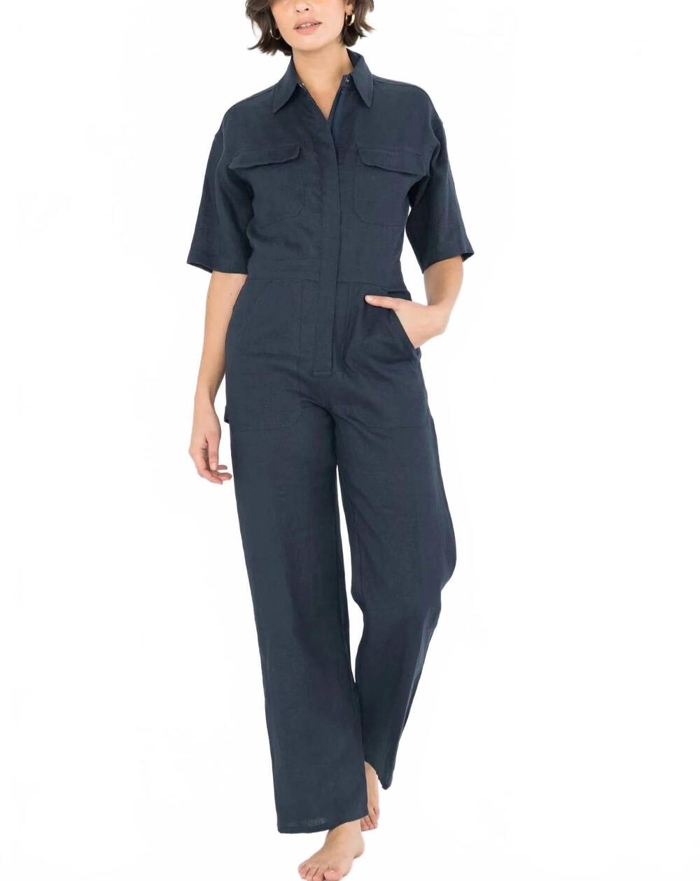 NEW RIVET UTILITY dynamo jumpsuit in navy linen